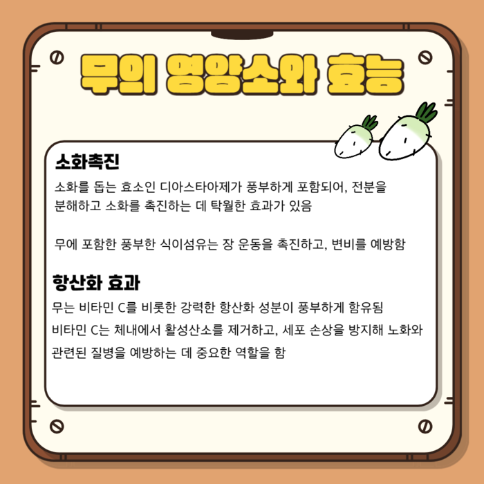 무의 영양소와 효능 소화촉진 소화를 돕는 효소인 디아스타아제가 풍부하게 포함되어, 전분을 분해하고 소화를 촉진하는 데 탁월한 효과가 있음 무에 포함한 풍부한 식이섬유는 장 운동을 촉진하고, 변비를 예방함 항산화 효과 무는 비타민 C를 비롯한 강력한 항산화 성분이 풍부하게 함유됨 비타민 C는 체내에서 활성산소를 제거하고, 세포 손상을 방지해 노화와 관련된 질병을 예방하는 데 중요한 역할을 함