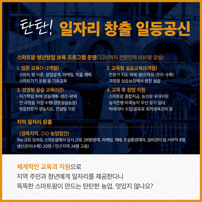 탄탄! 일자리 창출 일등공신 스마트팜 청년창업 보육 프로그램 운영(22년까지 전문인력 600명 양성) 1.입문 교육(1~2개월) 스마트 팜 이론, 창업설계, 마케팅, 작물 재배, 스마트기기 운용 등 기초교육 2. 교육형 실습교육(6개월) 전문가 지도 하에 생산(육묘-관리-수확) 과정을 실습농장에서 현장 실습 3. 경영형 실습 교육(1년) 자기책임 하에 영농계획-생산-판매 전 과정을 직접 수행(경영실습농장) 현장전문가 영농지도, 컨설팅 지원 4. 교육 후 창업 지원 스마트팜 종합자금, 농신보 우대 지원 농지은행 비축농지 우선 장기 임대 빅테이터 수집/공유로 최적생육관리 등 지역 일자리 창출 (경북지역, 농업법인) 5ha 규모 토마토 스마트팜에서 상시 근로 28명(방제, 마케팅, 재배, 온실환경제어, 설비관리 등 사무직 8명. 생산관리(수확) 20명 / 인근지역 24명 고용) 체계적인 교육과 지원으로 지역 주민과 청년에게 일자리를 제공한다니 똑똑한 스마트팜이 만드는 탄탄한 농업, 멋있지 않나요?