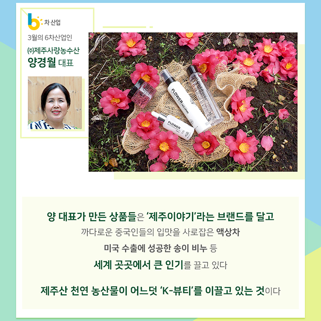 3월의 6차산업인 (주)제주사랑농수산 양경월 대표
양 대표가 만든 상품들은 '제주이야기'라는 브랜드를 달고 까다로운 중국인들의 입맛을 사로잡은 액상차
미국 수출에 성공한 송이 비누 등 세계 곳곳에서 큰 인기를 끌고 있다
제주산 천연 농산물이 어느덧 'K-뷰티'를 이끌고 있는 것이다