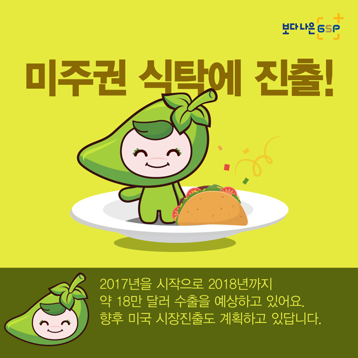 보다 나은 GSP 미주권 식탁에 진출! 2017년을 시작으로 2018년까지 약 18만 달러 수출을 예상하고 있어요.향후 미국 시장진출도 계획하고 있답니다.