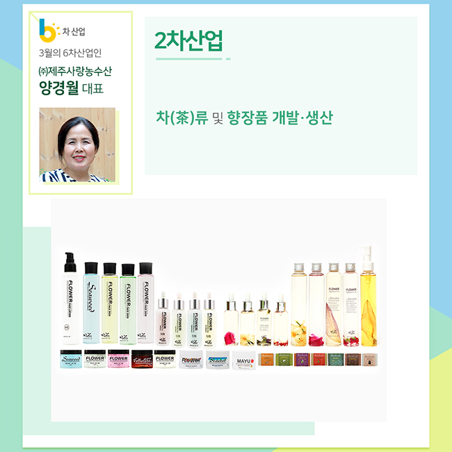 3월의 6차산업인 (주)제주사랑농수산 양경월 대표
2차 산업
차(茶)류 및 향장품 개발 생산