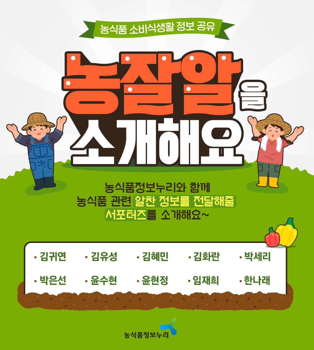 농식품 소비식생활 정보 공유
농잘알을 소개해요!
농식품정보누리와 함께 농식품 관련 알찬 정보를 전달해줄
서포터즈를 소개해요~
김귀연, 김유성, 김혜민, 김화란, 박세리, 박은선, 윤수현, 윤현정, 임재희 ,한나래
농식품정보누리
