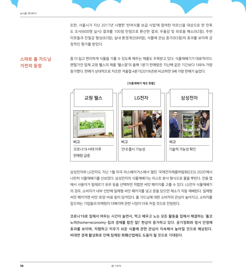 농식품 데이토리
또한, 서울시가 지난 2017년 시행한 '반려식물 보급 사업'에 참여한 어르신을 대상으로 한 만족 도 조사(600명 실시) 결과를 100점 만점으로 환산한 결과, 우울감 및 외로움 해소(92점), 주변 이웃들과 친밀감 형성(83점), 실내 환경개선(89점), 식물에 관심 증가(93점)의 효과를 보이며 긍 정적인 평가를 받았다.
스마트 홈 가드닝 가전의 등장
좀 더 쉽고 편리하게 식물을 기를 수 있도록 해주는 제품도 주목받고 있다. 식물재배기가 대표적이다. 렌털가전 업체 교원 웰스의 제품 '웰스팜'의 올해 1분기 판매량은 지난해 같은 기간보다 188% 가량 증가했다. 판매가 상대적으로 저조한 겨울철 4분기(2019년)와 비교하면 5배 가량 판매가 늘었다.
[식물재배기 제조 현황]
교원 웰스
LG전자
삼성전자
비고
비고
비고
연내 출시 가능성
기술적 가능성 확인
코로나19 사태 이후 판매량 급증
삼성전자와 LG전자도 지난 1월 미국 라스베이거스에서 열린 '국제전자제품박람회(CES) 2020'에서 나란히 식물재배기를 선보였다. 삼성전자의 식물재배기는 미스트 분사 형식으로 물을 뿌린다. 전용 앱 에서 사용자가 알레르기 유무 등을 선택하면 적합한 씨앗 패키지를 고를 수 있다. LG전자 식물재배기 의 경우, 소비자가 내부 선반에 일체형 씨앗 패키지를 넣고 문을 닫으면 채소가 자동 재배된다. 일체형 씨앗 패키지엔 씨앗·토양·비료 등이 담겨있다. 홈 가드닝에 대한 소비자의 관심이 높아지고, 소비자를 잡으려는 기업들의 마케팅이 더해지며 관련 시장이 더욱 커질 것으로 전망된다.
코로나19로 집에서 머무는 시간이 늘면서, 먹고 배우고 노는 모든 활동을 집에서 해결하는 '홈코 노미(hometeconomy 집과 경제를 합친 말)' 현상이 증가하고 있다. 공기정화와 정서 안정에 효과를 보이며, 저렴하고 키우기 쉬운 식물에 관한 관심이 지속해서 높아질 것으로 예상된다. 비대면 경제 활성화로 인해 침체된 화훼산업에도 도움이 될 것으로 기대된다.
58
팜 스토리
