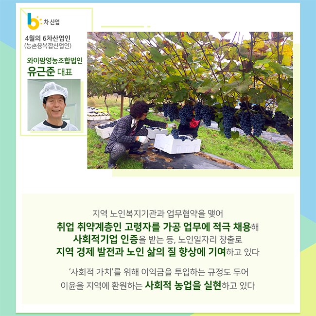 4월의 6차산업인(농촌융복합산업인)
와이팜영농조합법인
유근준 대표
지역 노인복지기관과 업무협약을 맺어 취업 취약계층인 고령자를 가공 업무에 적극 채용해 사회적기업 인증을 받는 등, 노인일자리 창출로 지역 경제 발전과 노인 삶의 질 향상에 기여하고 있다
'사회적 가치'를 위해 이익금을 투입하는 규정도 두어 이윤을 지역에 환원하는 사회적 농업을 실현하고 있다