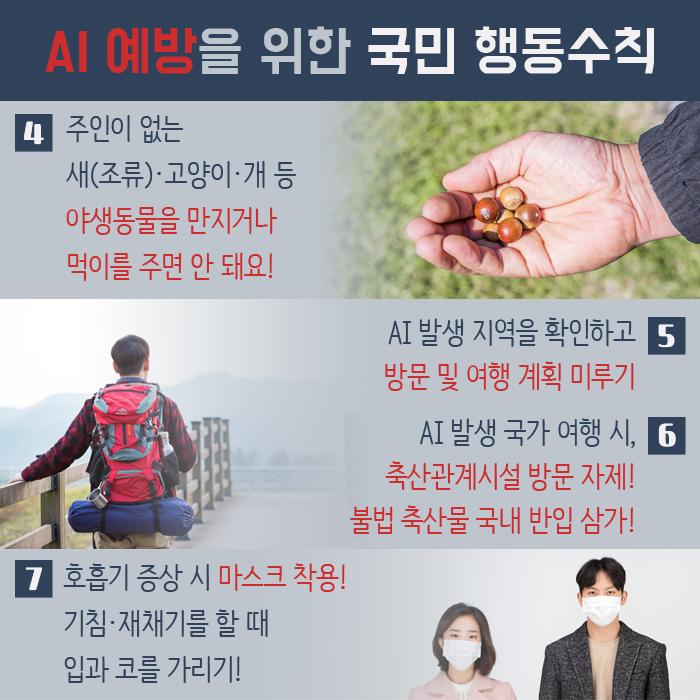 AI 예방을 위한 국민 행동수칙 4 주인이 없는 새(조류)·고양이·개 등 야생동물을 만지거나 먹이를 주면 안 돼요! 5 AI발생 지역을 확인하고 방문 및 여행 계획 미루기 6 AI발생 국가 여행 시, 축산관계시설 방문 자제! 불법 축산물 국내 반입 삼가! 7 호흡기 증상 시 마스크 착용! 기침·재채기를 할 때 입과 코를 가리기! 