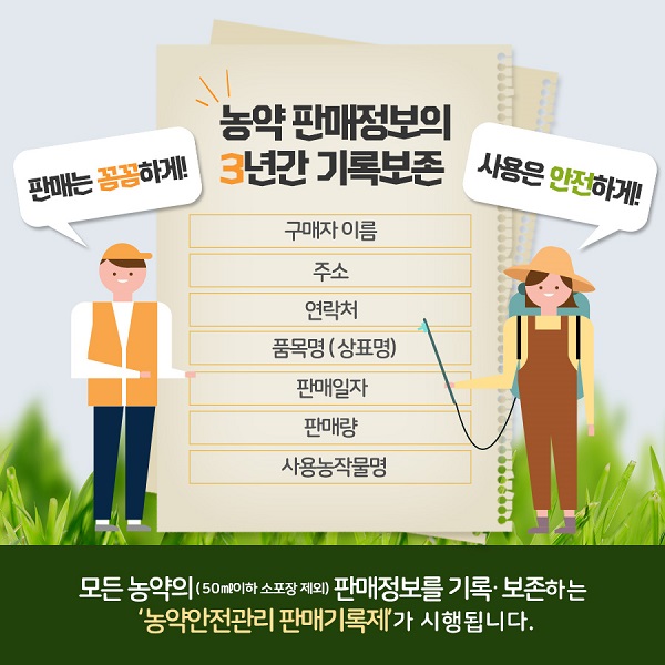 판매는 꼼꼼하게,사용은 안전하게!- 농략 판매정보의 3년간 기록보존 - 구매자 이름,주소,연락처,품목명(상표명),판매일자,판매량,사용농작물명-모든 농약의(50㎖이하 소포장 제외) 판매정보를 기록·보존하는 농약안전관리 판매기록제가 시행됩니다.
