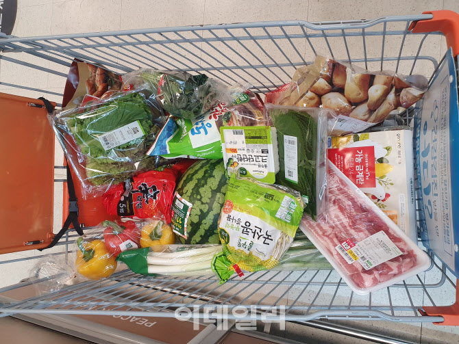 이마트 은평점에서 10만원 어치 장을 본 카트 모습