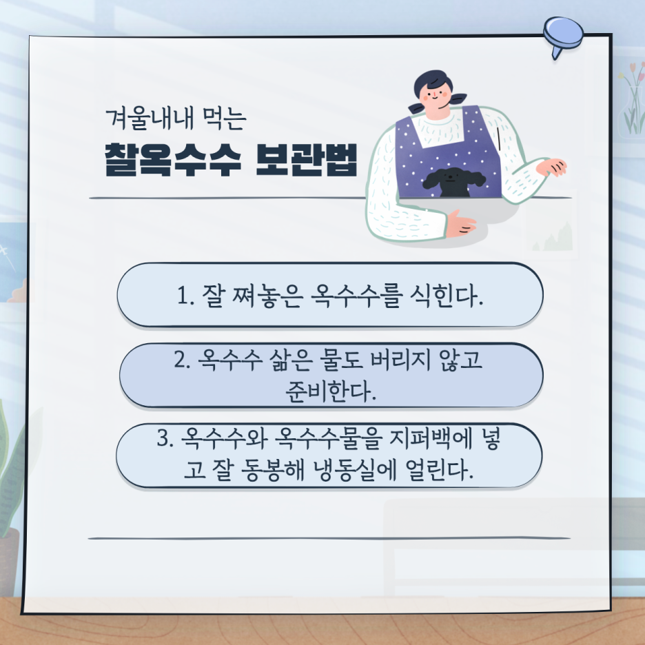 겨울내내 먹는 찰옥수수 보관법 - 1. 잘 쪄놓은 옥수수를 식힌다. / 2.옥수수 삶은 물도 버리지 않고 준비한다. / 3.옥수수와 옥수수물을 지퍼백에 넣고잘 동봉해 냉동실에 얼린다.