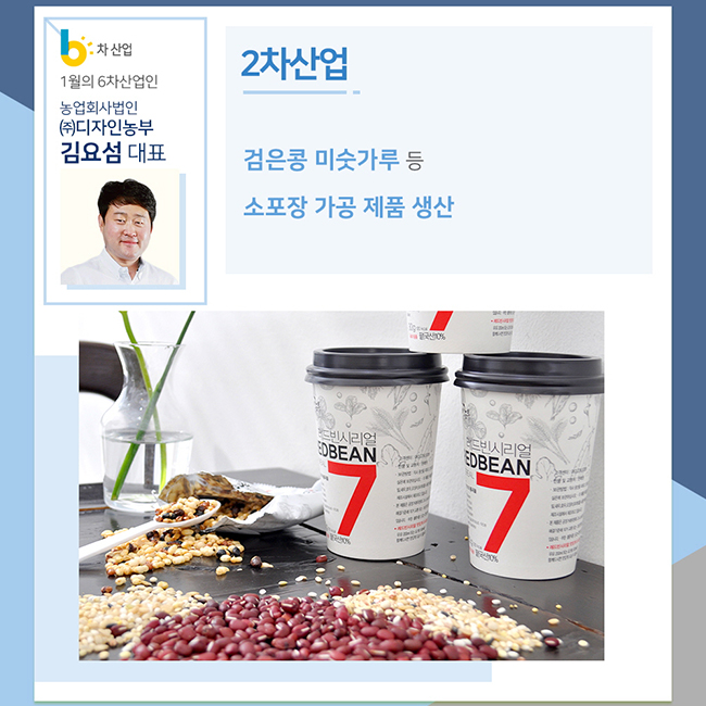 1월의 6차산업인 농업회사법인 (주)디자인농부 김요섬 대표 2차산업 검은콩 미숫가루 등 소포장 가공 제품 생산