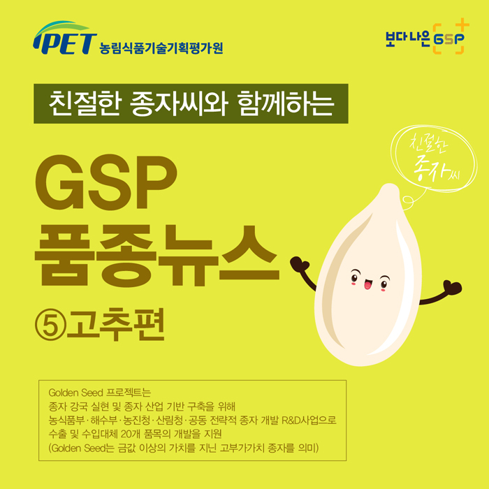 농릭식품기술기획평가원 보다 나은 GSP 친절한 종자씨와 함께하는 친절한 종자씨 GSP 품종뉴스 고추편 Golden Seed 프로젝트는 종자 강국 실현 및 종자 산업 기반 구축을 위해 농식품부 해수부 농진청 산림청 공동 전략적 종자 개발 R&D사업으로 수출 및 수입대체 20개 품목의 개발을 지원 (Golden Seed는 금값 이상의 가치를 지닌 고부가가치 종자를 의미)