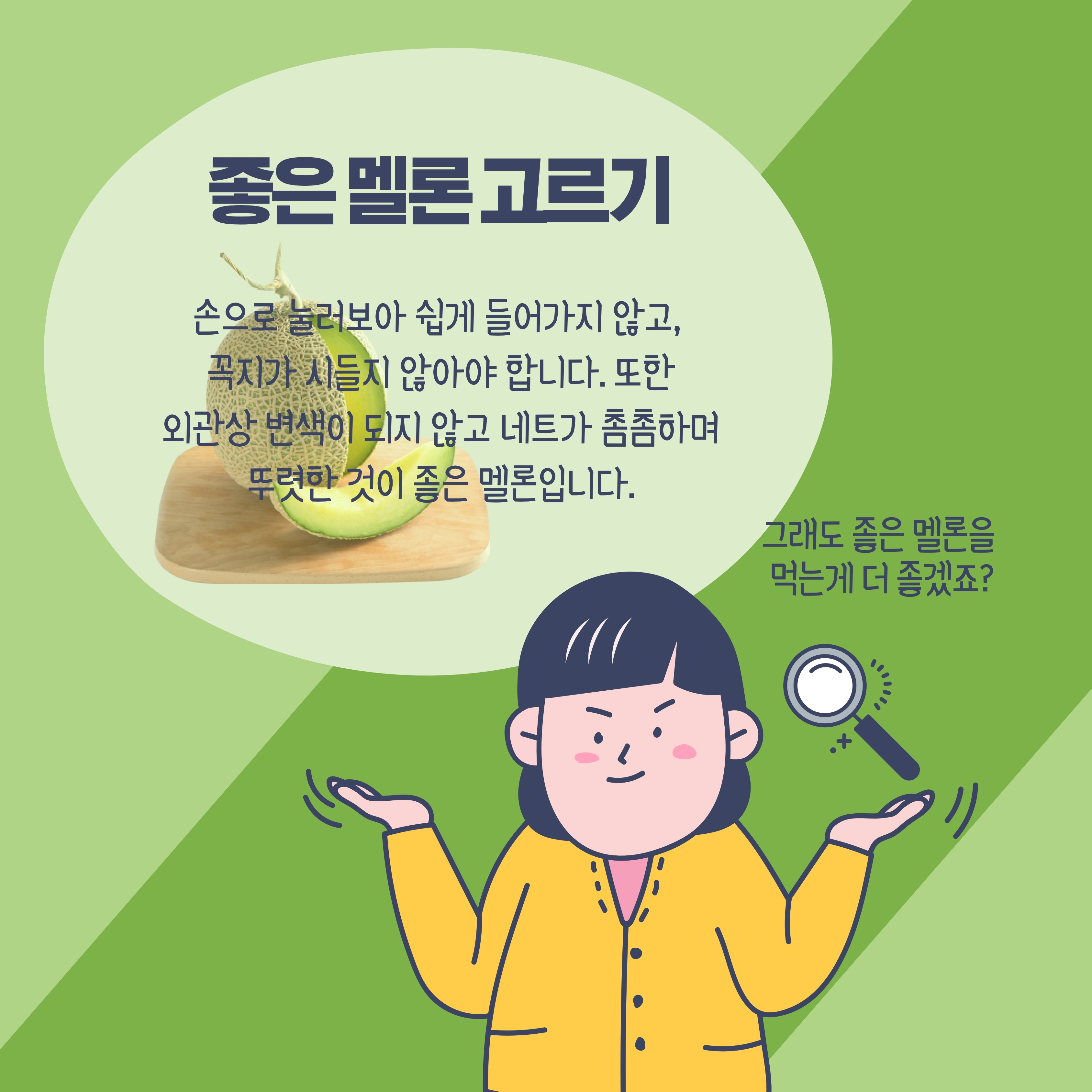 좋은 멜론 고르기 손으로 눌러보아 쉽게 들어가지 않고, 꼭지가 시들지 않아야 합니다. 또한 외관상 변색이 되지 않고 네트가 촘촘하며 뚜렷한 것이 좋은 멜론입니다.