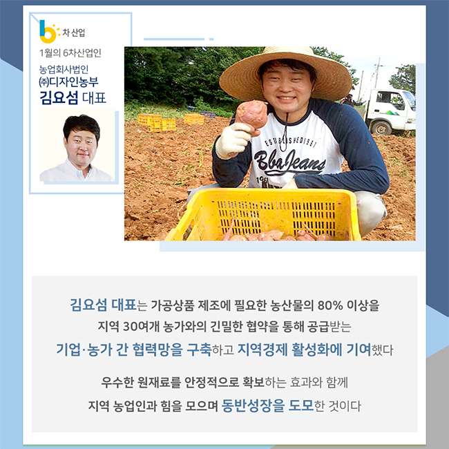 1월의 6차산업인 농업회사법인 (주)디자인농부 김요섬 대표 김요섬 대표는 가공상품 제조에 필요한 농산물의 80% 이상을 지역 30여개 농가와의 긴밀한 협약을 통해 공급받는 기업 농가 간 협력망을 구축하고 지역경제 활성화에 기여했다 우수한 원재료를 안정적으로 확보하는 효과와 함께 지역 농업인과 힘을 모으며 동반성장을 도모한 것이다