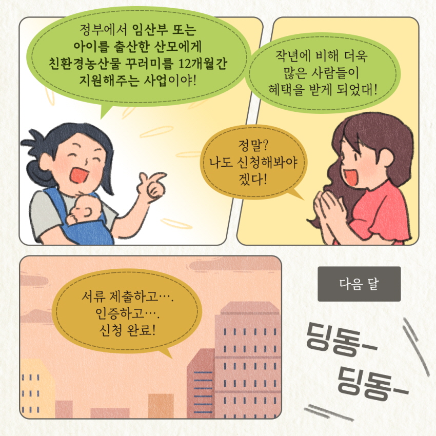 정부에서 임산부 또는 아이를 출산한 산모에게 친환경농산물 꾸러미를 12개월간 지원해주는 사업이야!
작년에 비해 더욱 많은 사람들이 혜택을 받게 되었대!
정말? 나도 신청해봐야겠다!
다음 달
서류 제출하고.... 인증하고.... 신청 완료!
딩동딩동