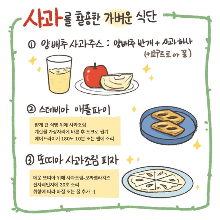 21.jpg 사과를 활용한 가벼운 식단 - 1. 양배추 사과주스:양배추 반개+사과 하나(+요구르트or꿀) 2. 스테비아 애플파이:얇게 편 식빵 위에 사과조림 계란물 가장자리에 바른 후 포크로 찝기 에어프라이기 180도 10분 또는 팬에 조리 3.또띠아 사과조림 피자:데운 또띠아 위에 사과조림-모짜렐라치즈 전자레인지 30초 조리 취향에 따라 바질 또는 꿀 추가:)