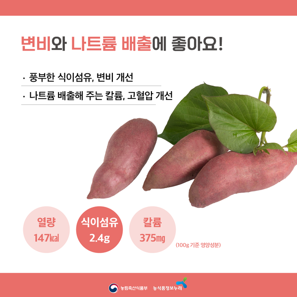 변비와 나트륨 배출에 좋아요! 풍부한 식이섬유, 변비 개선. 나트륨 배출해 주는 칼륨, 고혈압 개선. 열량 147kcal, 식이섬유 2.4g, 칼륨 375mg (100 기준 영양성분)