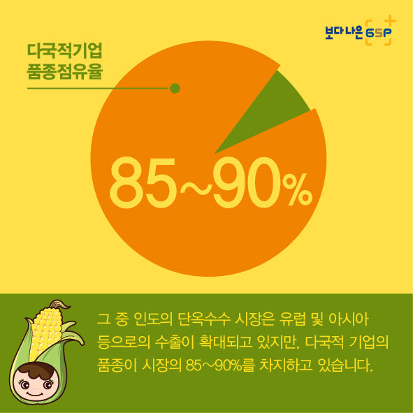 %EC%B9%B4%EB%93%9C%EB%89%B4%EC%8A%A4_%EC%98%A5%EC%88%98%EC%88%98%ED%8E%B8_2%EC%B0%A8-04.jpg 보다 나은 GSP 다국적기업 품종점유율 85~90% 그 중 인도의 단옥수수 시장은 유럽 및 아시아등으로의 수출이 확대되고 있지만, 다국적 기업의 품종이 시장의 85~90%를 차지하고 있습니다.