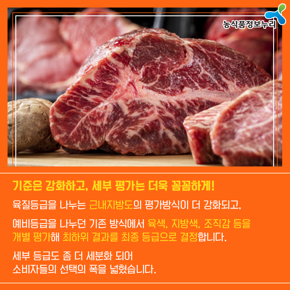 농식품정보누리 - 기준은 강화하고,세부 평가는 더욱 꼼꼼하게! 육질등급을 나누는 근내지방도의 평가방식이 더 강화되고, 예비등급을 나누던 기존 방식에서 육색,지방색,조직감 등을 개별 평가해 최하위 결과를 최종 등급으로 결정합니다. 세부 등급도 좀 더 세분화 되어 소비자들의 선택의 폭을 넓혔습니다.