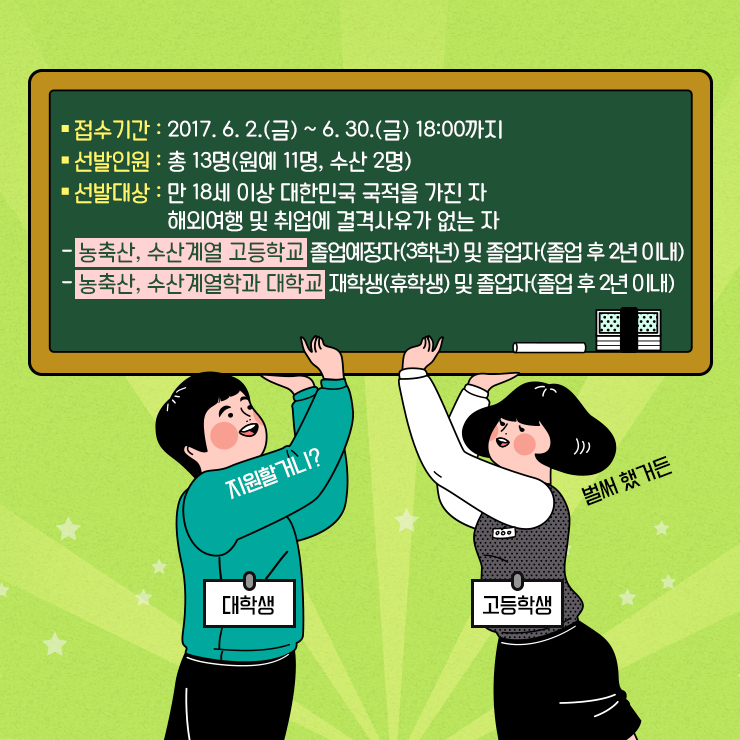 *접수기간 : 2017.6.2.(금)~6.30.(금) 18:00까지 *선발인원 : 총 13명(원예 11명, 수산 2명) *선발대상 : 만 18세 이상 대한민국 국적을 가진 자 해외여행 및 취업에 결격사유가 없는 자 - 농축산, 수산계열 고등학교 졸업예정자(3학년) 및 졸업자(졸업 후 2년 이내) - 농축산, 수산계열학과 대학교 재학생(휴학생) 및 졸업자(졸업 후 2년 이내) 대학생 지원할거니? 고등학생 벌써 했거든