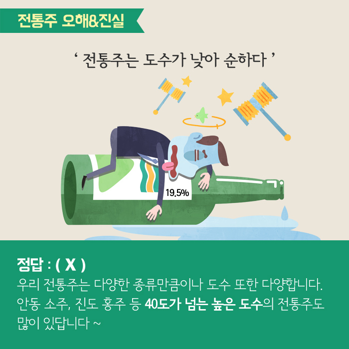 전통주 오해&진실 '전통주는 도수가 낮아 순하다' 정답:(X) 우리 전통주는 다양한 종류만큼이나 도수 또한 다양합니다. 안동 소주, 진도 홍주 등 40도가 넘는 높은 도수의 전통주도 많이 있답니다~