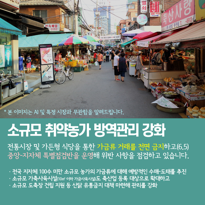 *본 이미지는 AI 및 특정 시장과 무관함을 알려드립니다. 소규모 취약농가 방역관리 강화 전통시장 및 가든형 식당을 통한 가금류 거래를 전면 금지하고(6.5) 중앙-지자체 특별점검반을 운영해 위반 사항을 점검하고 있습니다. 전국 지자체 100수 미만 소규모 농가의 가금류에 대해 예방적인 수매-도태를 추진 소규모 가축사육시설(10제곱미터 이하 가금사육시설)도 축산업 등록 대상으로 확대하고 소규모 도축장 건립 지원 등 산닭 유통금지 대책 마련해 관리를 강화