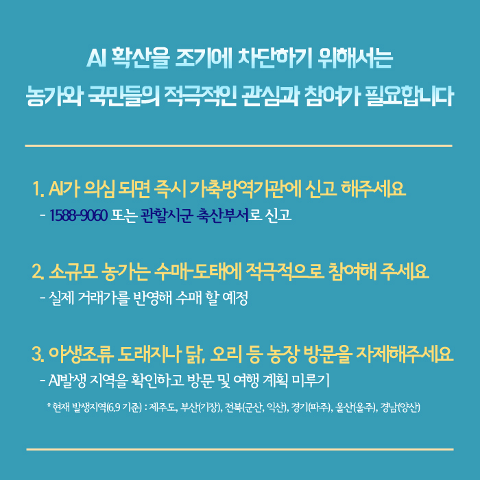 AI 확산을 조기에 차단하기 위해서는 농가와 국민들의 적극적인 관심과 참여가 필요합니다 1. AI가 의심 되면 즉시 가축방역기관에 신고 해주세요 - 1588-9060 또는 관할시군 축산부서로 신고 2. 소규모 농가는 수매-도태에 적극적으로 참여해 주세요 - 실제 거래가를 반영해 수매 할 예정 3. 야생조류 도래지나 닭, 오리 등 농장 방문을 자제해주세요 - AI 발생 지역을 확인하고 방문 및 여행 계획 미루기 * 현재 발생지역(6.9 기준): 제주도, 부산(기장), 전북(군산, 익산), 경기(파주), 울산(울주), 경남(양산)