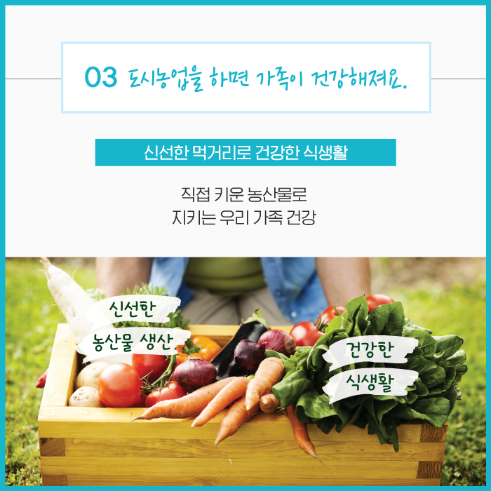 03 도시농업을 하면 가족이 건강해져요. 신성한 먹거리로 건강한 식생활 직접 키운 농산물로 지키는 우리 가족 건강 신선한 농산물 생산 건강한 식생활